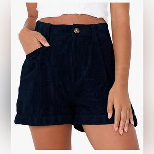 Stylish Women's Casual High Waist Loose Shorts Comfortable Navy Blue Pockets XL
